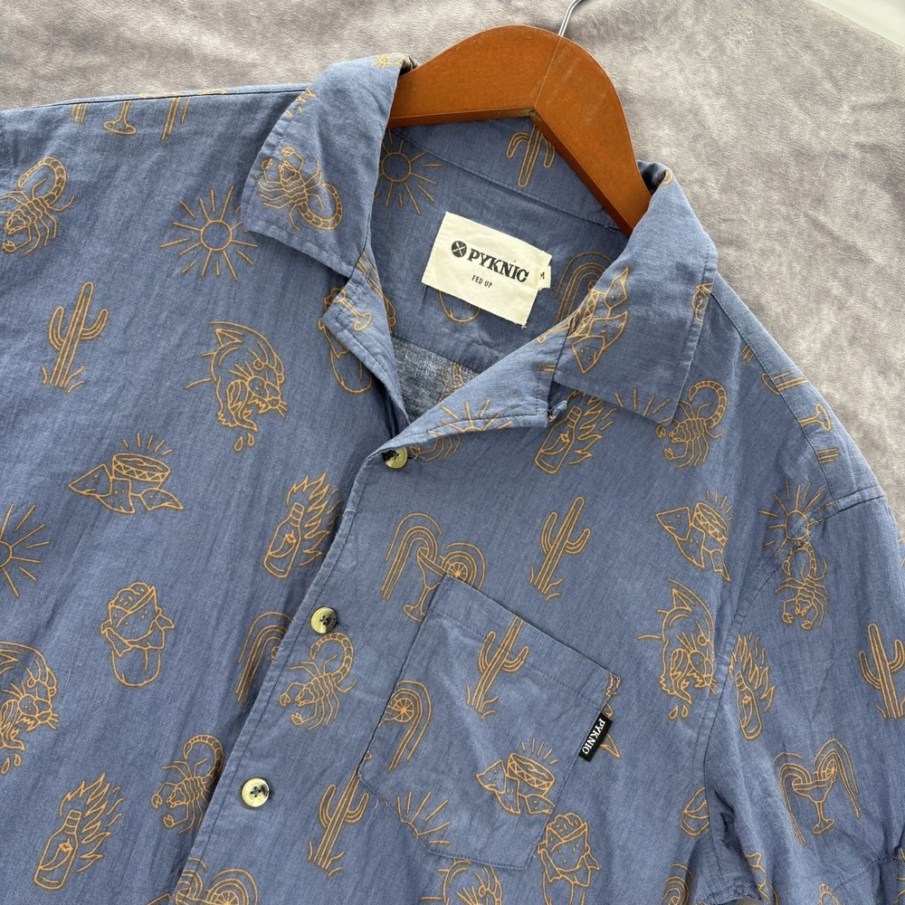 Pyknic Shirt Mens M Blue Cactus Print‎ Short Sleeve